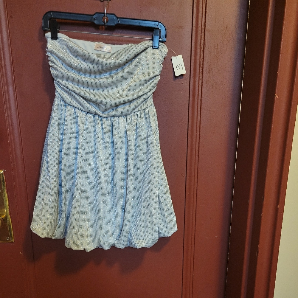 MISTY ROSE SPARKLY STRAPLESS COCKTAIL SILVER MINI DRESS SIZE M